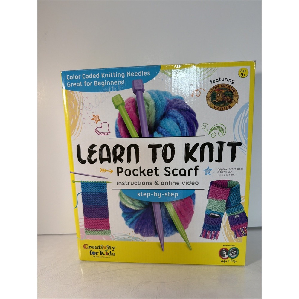 Learn to Knit Pocket Scarf Kit Lion Brand Yarn Colorful Yarn/Needles Open/Unused - Picture 1 of 9